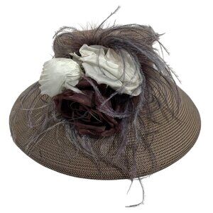 Preston York Beige Straw Kentucky Derby Dress Hat w/ Feathers + Ribbon Flowers